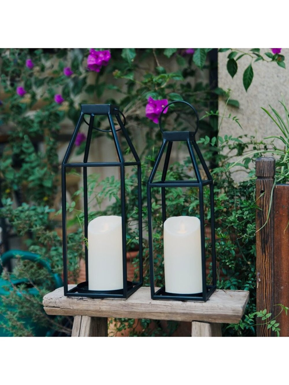 New Set of 2 Black Metal Farmhouse Lanterns with Timer LED Candles 17.4 15 Inch - Picture 3 of 7